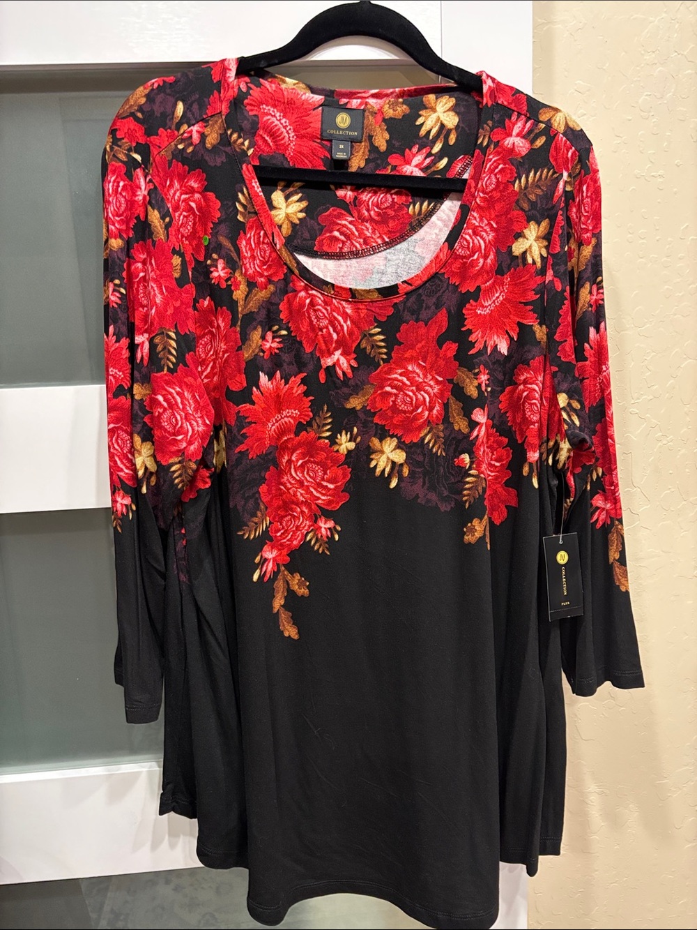 JM Collection Black Long-Sleeve Top with Red Floral Print